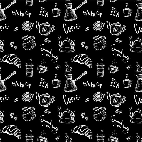 قهوه و چای الگوی بدون درز ابله طرح طراحی دستی بافت تک رنگ فنجان ها لیوان ها و قهوه جوش های مختلف در زمینه مشکی صبحگاهی سنتی بنوشید و بخورید تصویر وکتور
