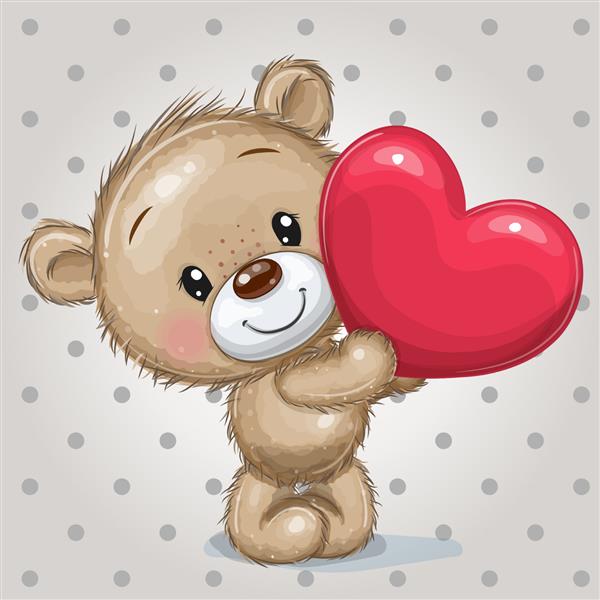 خرس عروسکی کارتونی زیبا با قلب روی پس‌زمینه نقطه‌ای
