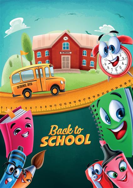 تصویر وکتور بازگشت به مدرسه با صحنه ای با ساختمان مدرسه و اتوبوس در حال سفر به مدرسه با شخصیت های شاد دوستان