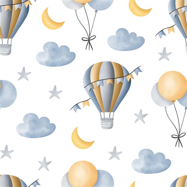 الگوی بدون درز کودکانه بالون آبرنگ با ماه ابر ستاره و بادکنک برای پارچه منسوجات یا کاغذ دیواری