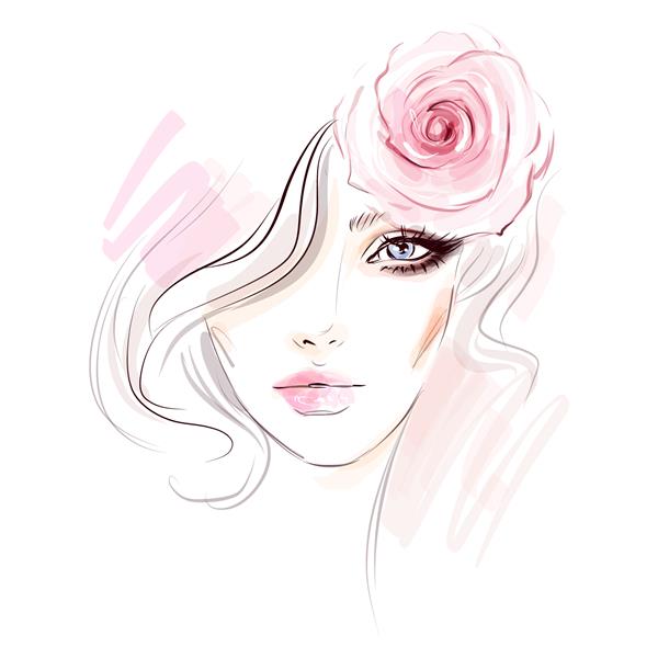 آرایش صورت مدل زن جوان زیبا با گل رز صورتی در موهای سرش طراحی طرح تصویر آبرنگ دختر مد برای طراحی سالن زیبایی