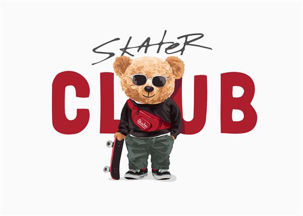 شعار باشگاه اسکیت باز با عروسک خرس در عینک آفتابی و تصویر وکتور اسکیت بورد