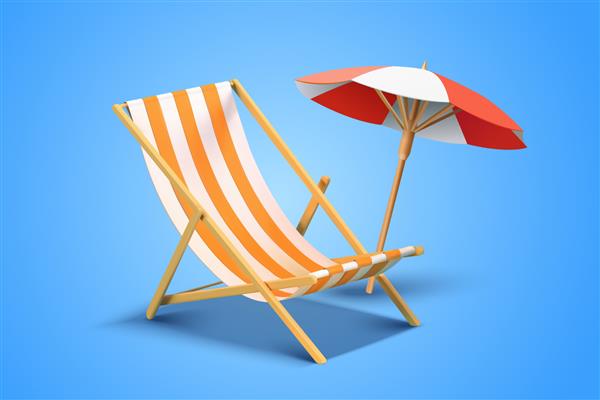 مجموعه عناصر سه بعدی از صندلی ساحلی و چتر جدا شده در پس زمینه آبی