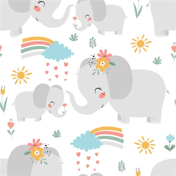 تصویر وکتور بدون درز فیل زیبا و بچه فیل با دست برای طرح تی شرت طراحی تصویر وکتور برای پارچه های مد گرافیک پارچه چاپ
