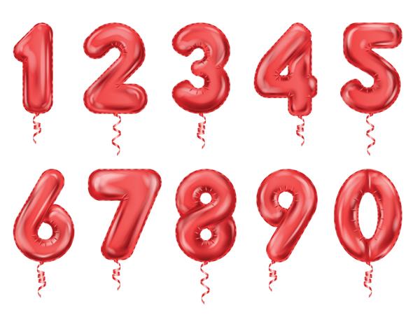 نماد واقعی اعداد بالن قرمز مجموعه اعداد قرمز پر زرق و برق با روبان برای تصویر وکتور جشن