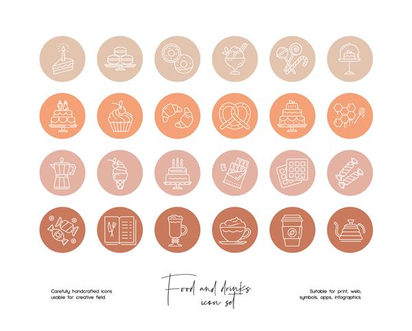 مجموعه ای از تصاویر وکتور غذا و نوشیدنی های هنری خط کشیده شده با دست نمادهای خط وکتور تنظیم شده برای برجسته شدن داستان رسانه های اجتماعی