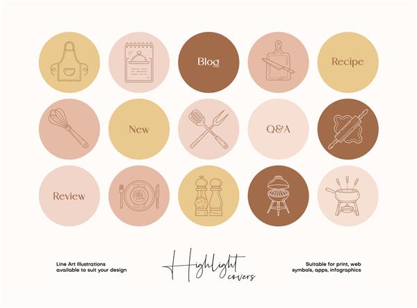 مجموعه ای از نقاشی های دستی غذا و نوشیدنی برای پوشش های برجسته رسانه های اجتماعی هویت برند طراحی لوگو