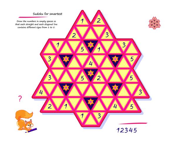 منطق بازی پازل سودوکو برای باهوش ترین ها اعداد را در فضاهای خالی بکشید تا هر خط مستقیم و مورب دارای علائم متفاوتی از 1 تا 5 باشد صفحه کتاب بازی فکری برای کودکان پخش آنلاین