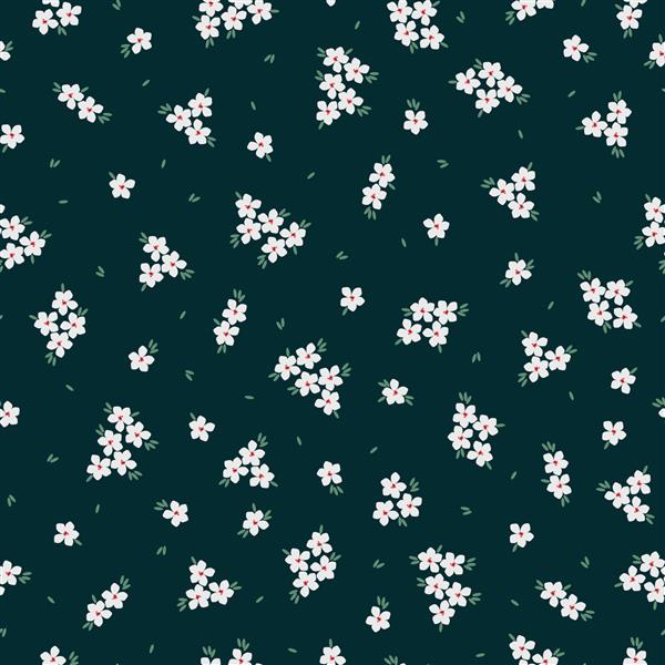 الگوی قدیمی بدون درز گل های سفید کوچک برگ های سبز در زمینه سبز تیره بافت وکتور چاپ ترند برای پارچه و کاغذ دیواری
