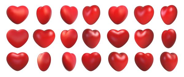 نماد عشق روز ولنتاین چرخش قلب سه بعدی ایموجی رمانتیک واقع گرایانه نماد قلب قرمز جلو و نمای زاویه چرخش مجموعه وکتور دکور عروسی انیمیشن چرخش شی برای بازی جدا شده روی سفید