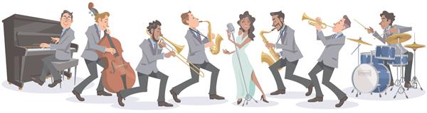 خواننده و نوازندگان جاز با اشتیاق بر روی پس‌زمینه سفید مجزا اجرا می‌کنند نواختن با آلات موسیقی و آواز تصویر وکتور به سبک کارتونی تخت