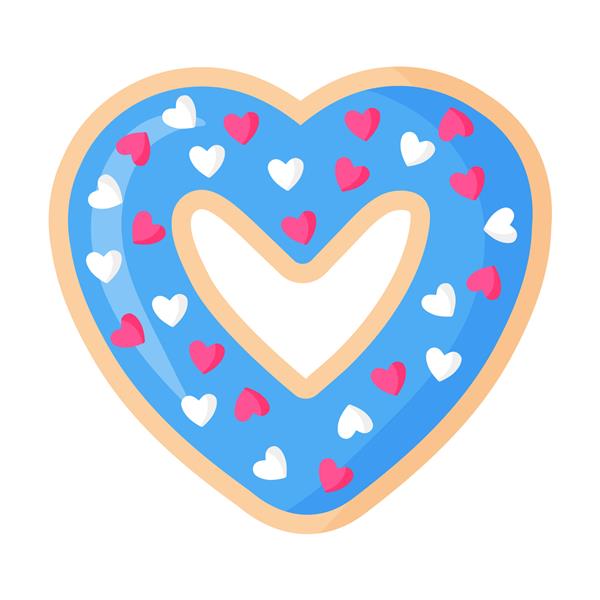 دونات آبی شکل قلب روز ولنتاین با آیسینگ و قلب وکتور تصویر جدا شده کارتونی