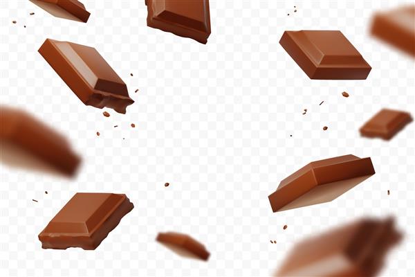 تکه های شکلات در حال سقوط واقع گرایانه که در پس زمینه شفاف جدا شده اند معلق کردن تکه های شکلات شیری بدون تمرکز قابل استفاده برای پس زمینه بسته بندی تبلیغات و غیره تصویر وکتور