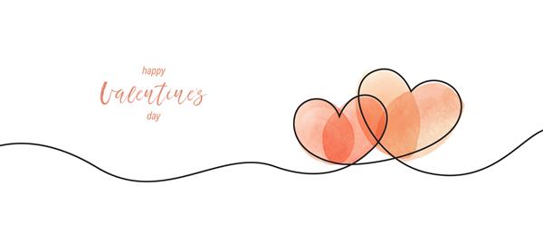 دو قلب با لکه های آبرنگ صورتی حروف روز ولنتاین خط کشی مداوم کارت تعطیلات عاشقانه عناصر طراحی عروسی نماد عشق