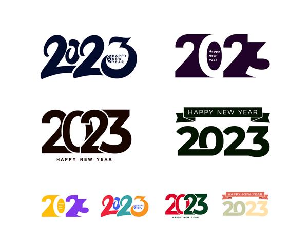 طراحی لوگو 2023 سال نو مبارک الگوی طراحی اعداد 2023 مجموعه وکتور نمادهای سال نو مبارک 2023 مجموعه ای از عناصر تزئینی کریسمس برچسب های آبی و صورتی جدا شده در پس زمینه سفید