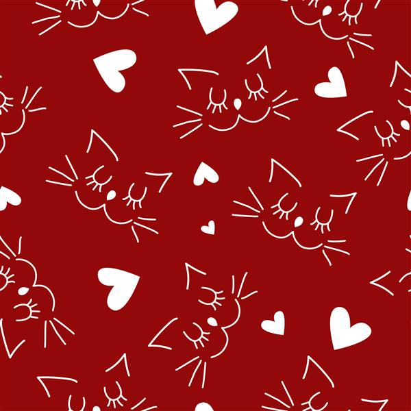 وکتور الگوی بدون درز روز ولنتاین با گربه های زیبا عاشقان قلب ها چشم ها چاپ خطی مدرن برای بسته بندی کاغذ بسته بندی منسوجات دکوراسیون منزل و سایر محصولات تبلیغاتی و چاپی