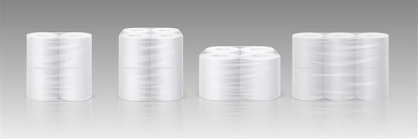 رول های کاغذ توالت سفید واقعی در ماکت بسته پلاستیکی دستمال تمیز کننده بهداشتی در بسته بندی شفاف مجموعه وکتور حوله های جاذب نرم تصویری از توالت کاغذی واقعی در رول