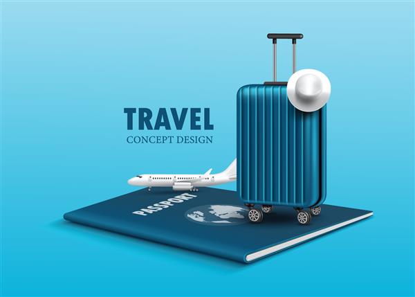 چمدان و هواپیما بر روی پاسپورت برای ساخت رسانه تبلیغاتی در مورد گردشگری و همه شی در زمینه آبی وکتور 3 بعدی مجازی برای طراحی مفهومی سفر و حمل و نقل