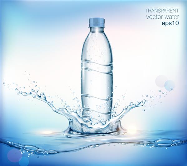 بطری پلاستیکی آب معدنی وکتور واقعی شفاف برای تبلیغات شما با پاشش آب و قطره پس زمینه آبی