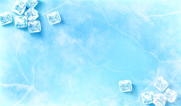 پس زمینه سطح یخی تصویر سه بعدی از گروه هایی از تکه های یخ پراکنده در سمت چپ بالا و پایین سمت راست سطح آبی روشن پوشیده از یخ