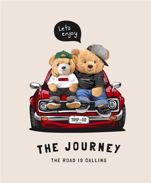 تصویر وکتور شعار سفر با عروسک های خرس نشسته روی کاپوت ماشین