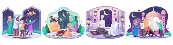 مجموعه ای از تصویرسازی مفهومی رمضان مسلمانان شاد ماه مبارک رمضان مهمانی افطار قرائت قرآن تراویح تبریک عید مبارک را جشن می گیرند تصویر وکتور
