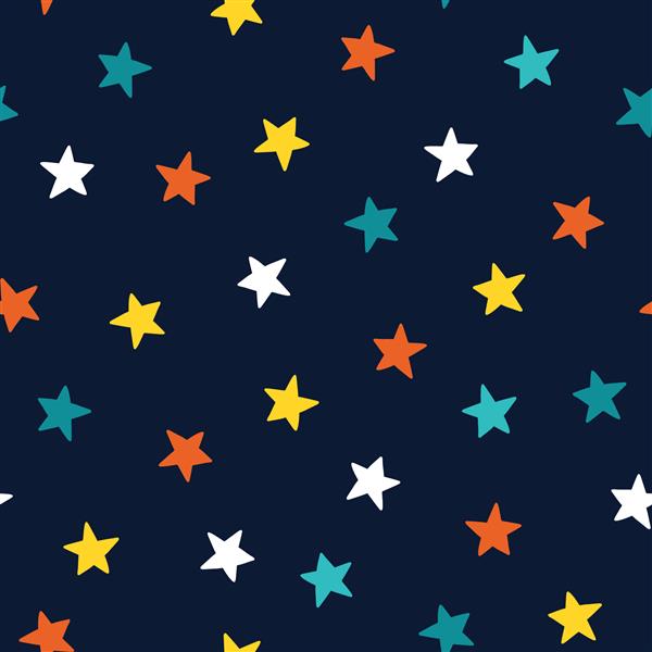 الگوی بدون درز ستاره ستاره های رنگارنگ چند رنگ ساده در پس زمینه آبی تیره ایده آل برای منسوجات کودک کاغذ دیواری کودک بسته بندی پارچه کاغذ دیجیتال و غیره