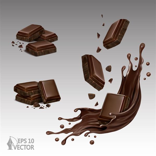ست شکلاتی برش هایی با خرده شکلات مایع شکلات تلخ پاشیده شدن تکه ها و برش های شکلات کاکائو غذا تصویر وکتور سه بعدی واقع گرایانه