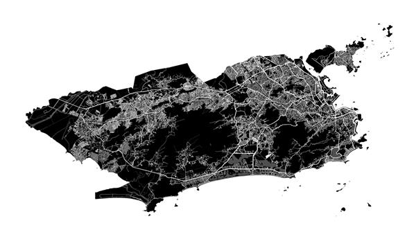 نقشه ریودوژانیرو نقشه وکتور دقیق منطقه اداری شهر ریودوژانیرو پوستر منظره شهری نمای آریا شهری سرزمین سیاه با خیابان ها جاده ها و خیابان های سفید پس زمینه سفید