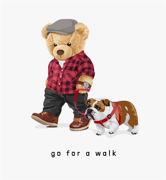 شعار پیاده روی با عروسک خرس باحال در حال راه رفتن با تصویر وکتور سگ