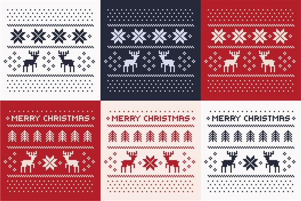 ست چاپ الگوی زمستانی کریسمس برای پیراهن یا تی شرت گوزن های پیکسل و درخت کریسمس