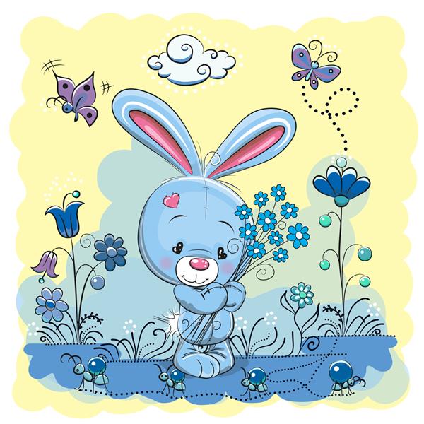 خرگوش کارتونی ناز در یک چمنزار با گل و پروانه