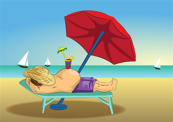 تصویر تابستانی برای تعطیلات ساحل مرد چاق در حال استراحت در استراحتگاه