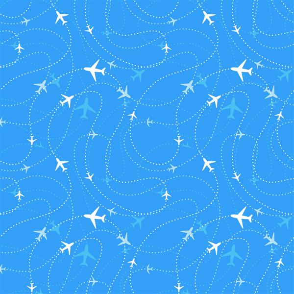 مسیرهای خطوط هوایی با نمادهای هواپیما در آسمان آبی الگوی بدون درز