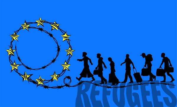 پناهندگان با سیم خاردار و ستاره های اتحادیه اروپا به جاده می روند مفهوم مهاجرت غیرقانونی تصویر وکتور
