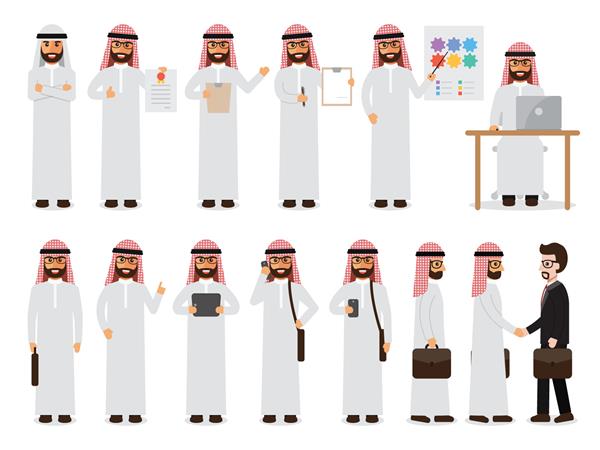 مجموعه ای از کارگران عرب در زمینه سفید تاجر مسلمان با ابزارهایی در طراحی مسطح شخصیت های مردم