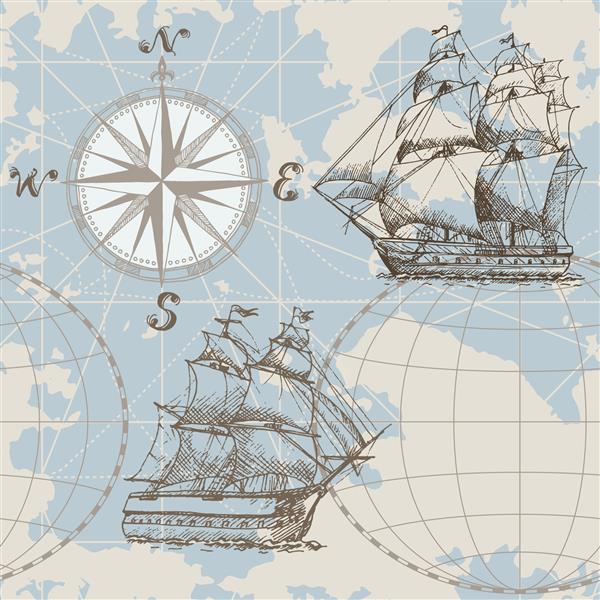 نقشه دریای بدون درز وکتور با قطب نما و کشتی بادبانی ترسیم شده با دست مناسب برای منسوجات کاغذ دیواری و چاپ