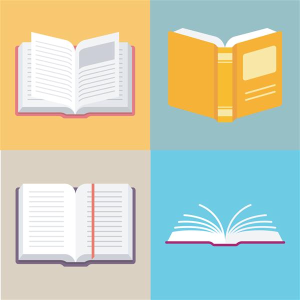 نمادهای وکتور کتاب را به سبک مسطح باز کنید مطالعه و دانش کتابخانه و آموزش علم و ادبیات کتاب های باز جدا شده در موقعیت های مختلف