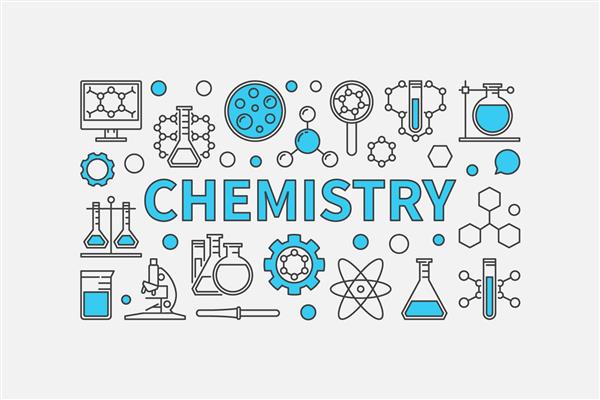 پس زمینه مدرن خلاقانه شیمی تصویر وکتور علم و آموزش ساخته شده با نمادهای شیمیایی خط نازک و کلمه آبی CHEMISTRY در پس زمینه سفید