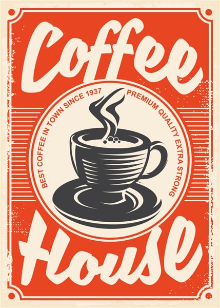 طراحی پوستر یکپارچهسازی با سیستمعامل قهوه خانه با فنجان قهوه در پس زمینه قرمز تبلیغ قدیمی روی بافت کاغذ قدیمی تصویر وکتور
