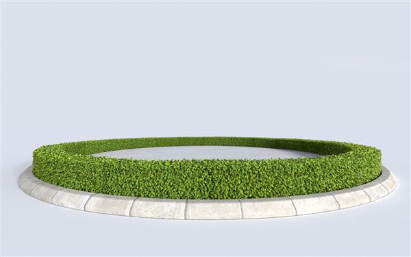 جزیره گیاه شناسی چمن سبز دایره ای با کف بتنی تصویر سه بعدی از صحنه گرد گیاه برای مفهوم رویداد