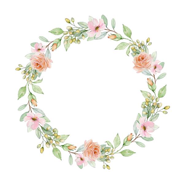 ترکیب آبرنگ گل با گل رز در زمینه سفید قاب اکلیل حاشیه در رنگ های ملایم پاستلی