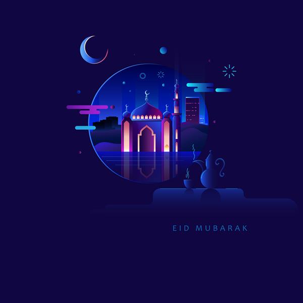تصویر مسطح عید مبارک با پس زمینه گرم آبی تیره به عنوان تبریک به همه مسلمانان در ایام عید