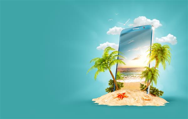 منظره گرمسیری شگفت انگیز با نخل ها و ساحل بر روی صفحه نمایش تلفن هوشمند روی شن و ماسه تصویر سه بعدی غیرمعمول مفهوم سفر و تعطیلات