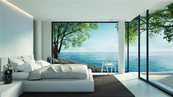 فضای داخلی اتاق خواب ساحلی - مدرن و لوکس در تعطیلات تصویر رندر سه بعدی