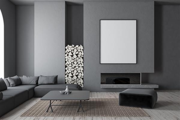 فضای داخلی اتاق نشیمن مدرن با دیوارهای خاکستری کف چوبی مبل خاکستری و میز قهوه در نزدیکی شومینه با پوستر عمودی ماکت رندر سه بعدی