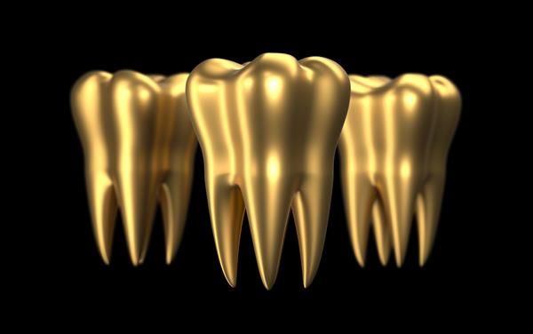 دندان طلایی جدا شده در پس زمینه سیاه تصویر سه بعدی نماد دندان های طلایی سالم مراقبت های بهداشتی دندانپزشکی مطب دندانپزشکی طراحی تم ایمپلنت های دهان لوگوی ایمپلنت دندانی یا مفهومی بروشور