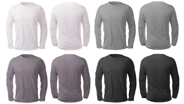 الگوی ماکت پیراهن آستین بلند خالی نمای جلو و پشت جدا شده روی سفید ماکت تی شرت ساده سیاه و سفید و خاکستری ارائه طرح سویشرت سه راهی برای چاپ