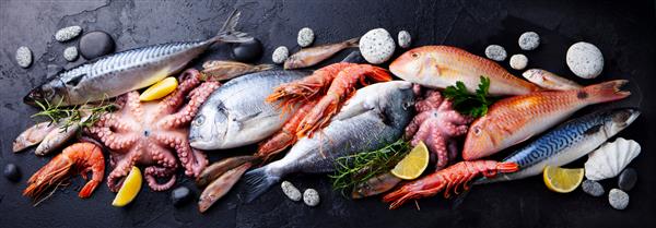 انواع ماهی تازه و غذاهای دریایی در پس زمینه تخته سنگ سیاه نمای بالا