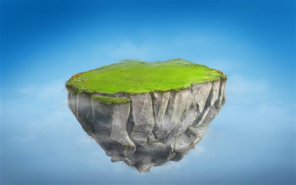 جزیره شناور فانتزی سه بعدی با زمین چمن سبز در آسمان آبی کوه سنگی شناور سورئال با تصویر سه بعدی مفهومی بهشتی